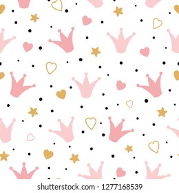 Seamess pattern with doodle crowns and hearts Romantic cute baby print. Little princess design Pink wallpaper for baby girl Vector illustration for children cloth fabric kids pyjamas Pink background.
