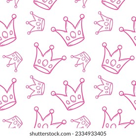 Seamess pattern with doodle crowns and hearts Romantic cute baby print. Little princess design Pink wallpaper for baby girl Vector illustration for children cloth fabric kids pyjamas Pink background.