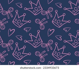 Seamess pattern with doodle crowns and hearts Romantic cute baby print. Little princess design Pink wallpaper for baby girl Vector illustration for children cloth fabric kids pyjamas Pink background.