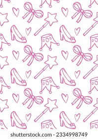 Seamess pattern with doodle crowns and hearts Romantic cute baby print. Little princess design Pink wallpaper for baby girl Vector illustration for children cloth fabric kids pyjamas Pink background.