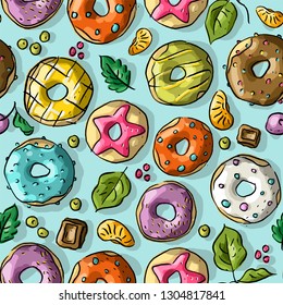 Seamess pattern with doughnuts, chocolate,  tangerine
