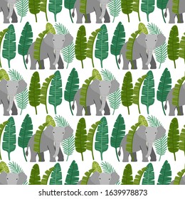 Seamess pattern with elephant and palm leaves. Сreative print for apparel, nursery decoration, textile, packaging, wrapping paper etc.