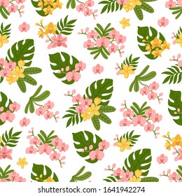 Seamess pattern with flowers of orchids and frangipani. Beautiful tropical print for home decor, textile, packaging, wrapping paper etc. Vector illustration.