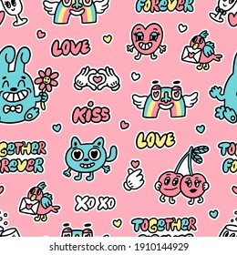 Nahtloses Muster mit lustigen Cartoons und Inschriften im Doodle-Stil. Kreativer Druck für Bekleidung, Dekoration, Verpackung, Verpackungspapier usw. Vektorgrafik auf rosafarbenem Hintergrund.