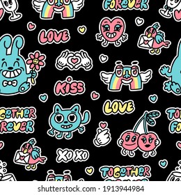 Seamess pattern with funny cartoon characters and inscriptions in doodle style. Creative print for apparel, decoration, packaging, wrapping paper etc. Vector illustration on a black background.