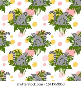 Seamess pattern with lemur and palm leaves. Сreative print for apparel, textile, packaging, wrapping paper, nursery decoration etc.