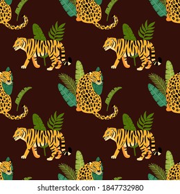 Seamess pattern with leopard, tiger, tropical palm leaves on dark brown background. Beautiful animal print design for home decor, textile, packaging, wrapping paper etc. Modern vector illustration.