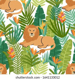 Seamess pattern with lion and exotic tropical plants. Beautiful animal print design for home decor, textile, packaging, wrapping paper etc. Modern vector illustration.