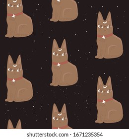 Seamess pattern Magic witch aesthetic cat with moon on head. Cute cat on dark background. Night background cosmic