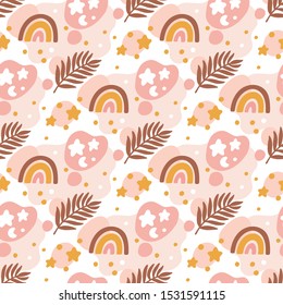Seamess pattern in Scandinavian style with rainbow, stars, moon and palm leaf. Сreative print for apparel, nursery decoration, packaging, wrapping paper etc.