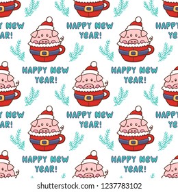 Seamess pattern with sweet pig in a mug stylized like a santa suit, with inscription Happy New Year and with spruce branches.