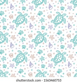 Seamess pattern with turtle, seashells, starfish and pearls on a white background. Сreative print for apparel, textile, packaging, wrapping paper etc.