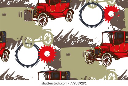 Seamiess pattern. Vintage car in the style of engraving. Vector illustration