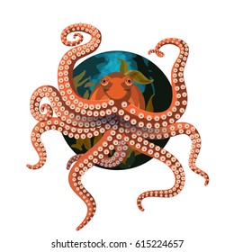 A seamingly smiling octopus on a circular background with suckered legs curling around it with air bubbles and seaweed behind
