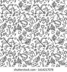 Seamlaess valentine's pattern, hand drawn line art vector illustration