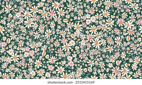 Padrão floral de margarida sem costura, impressão ditsy liberdade no motivo vintage. Design botânico elegante simples: pequenas flores amarelas, folhas minúsculas, prado selvagem desenhado à mão. Ornamento de flor abstrata. 
