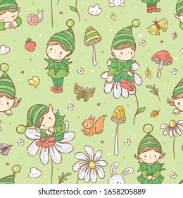 Seamleaa pattern with cute little elf and gnome
