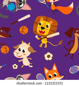 seamleaa pattern with playing animals and games tools isolated on violet. Vector background of cute cartoon dog, fox, cat, goat and lion used for magazine, web pages, scrapbooking, textile.