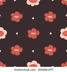Seamleass floral pattern design with big red and white poppies on a brown background.