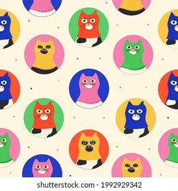 Seamleass pattern with cats wearing balaclava ski mask. Kittens of different colors dressed as a robbers with a colourful thief mask. Creative ptint for for fabric, wrapping, apparel, textile.