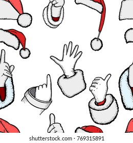 Seamlees background of hands Santa Claus in white gloves symbolizing Ok, well, good and pointing the direction and collection of different shapes santa xmas christmas hats, Vintage style of engraving