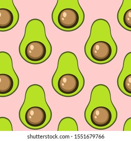 Seamlees pattern with avocado on pink background. Autumn and summer illustration with colorful cute fruits. Food concept. Vector print for invitation, poster, card, fabric, textile.