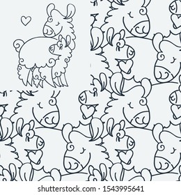 Seamlees pattern with cute fluffy alpacas. Funny smiling cozy animals. Cartoon character vector doodle illustration.