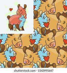 Seamlees pattern with cute fluffy alpacas. Funny smiling cozy animals. Cartoon character vector doodle illustration.