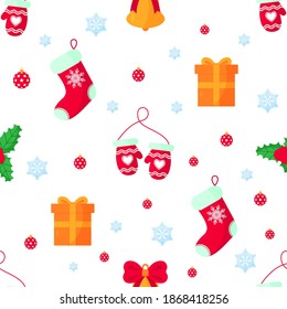 Seamlees pattern with gift box, ball, sock, mittens, holly berry, snowflake for Merry Christmas and Happy New Year. Vector illustration.