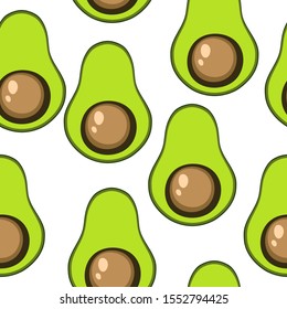Seamlees pattern with green avocado on white background. Autumn and summer illustration with colorful cute fruits. Food concept. Vector print for invitation, poster, card, fabric, textile.