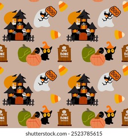 seamlees pattern of halloween haunted house pumpkin