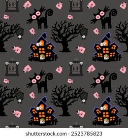 seamlees pattern of halloween haunted house black