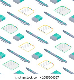 Seamlees pattern with Isometric 3d school supplies book, notebook, pen, eraser. Vector Back to school background with stationery. Office accessories.