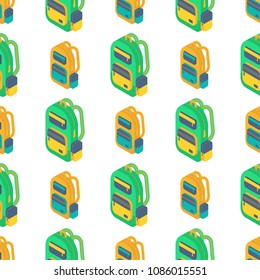 Seamlees pattern with Isometric 3d school  backpack. Vector Back to school background with stationery. Office accessories.