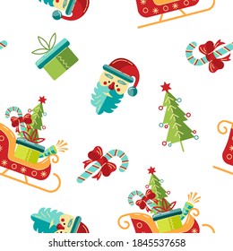 Seamlees pattern with Santa, gift box, candy cane, santa sleigh for Merry Christmas and Happy New Year. Vector illustration.