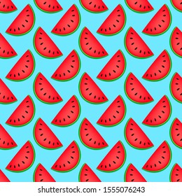 Seamlees pattern with watermelon on blue background. Summer illustration with colorful cute fruits. Food concept. Vector print for invitation, poster, card, fabric, textile.