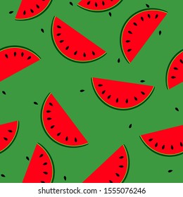 Seamlees pattern with watermelon on green background. Summer illustration with colorful cute fruits. Food concept. Vector print for invitation, poster, card, fabric, textile.