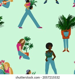 Seamlees pattern with women of different ethnicity. Plant ladies surface design on a blue green background. 