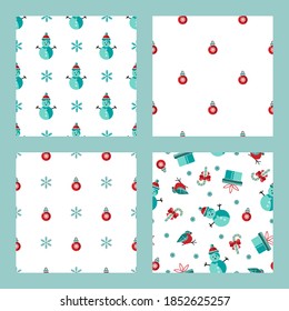 Seamlees patterns set with snowman, gift box and candy cane for Merry Christmas and Happy New Year. Vector illustration.