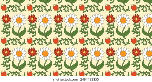 Seamleess pattern with funny groovy flowers. Background with trendy botanical floral elements in trendy retro trippy psychedelic hippie 70s 80s style. Vector illustration.