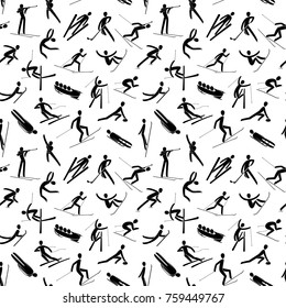 Seamles abstract background pattern Winter sport games Silhouette people skating, skiing, snowboarding, curling, jumping, hockey, bobsled isolated. Black white flat slyle design vector illustration.