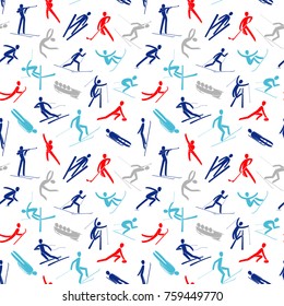 Seamles abstract background pattern Winter sport games Silhouette people skating, skiing, snowboarding, curling, jumping, hockey,bobsled isolated.Blue, red, gray, white flat slyle vector illustration.