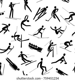 Seamles abstract background pattern Winter sport games Silhouette people skating, skiing, snowboarding, curling, jumping, hockey, bobsled isolated. Black white flat slyle design vector illustration.