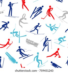 Seamles abstract background pattern Winter sport games Silhouette people skating, skiing, snowboarding, curling, jumping, hockey,bobsled isolated.Blue, red, gray, white flat slyle vector illustration.