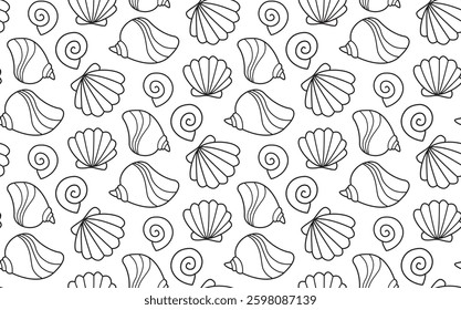Seamles background with sea ​​shells of various shapes. Cute pattern in doodle style	