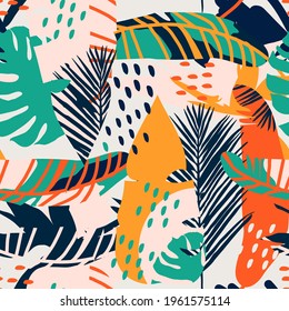 seamles background with tropical leaves, collage, vector design for paper, fabric and other surface