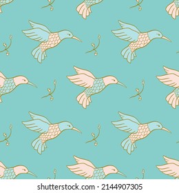 Seamles blue pattern with hummingbird and twigs. Simple soft color background.  Template for wallpaper, textile, bed linen. 