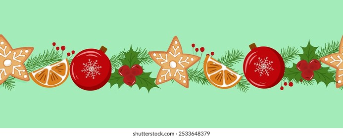 Seamles border- pattern with Christmas elements - gingerbread, Christmas ball, red berries, orange, Christmas fir branches. Design for postcard, gift wrapping etc. Vector. 