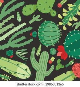 Seamles cactus vector pattern. Natural hand drawing background with desert plants. Bright repeated texture with green cacti.