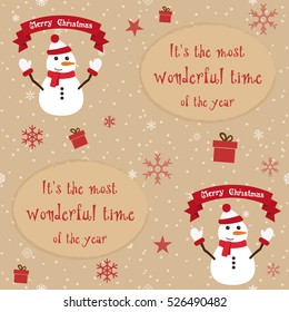 Seamles christmas pattern with happy snowman and gifts